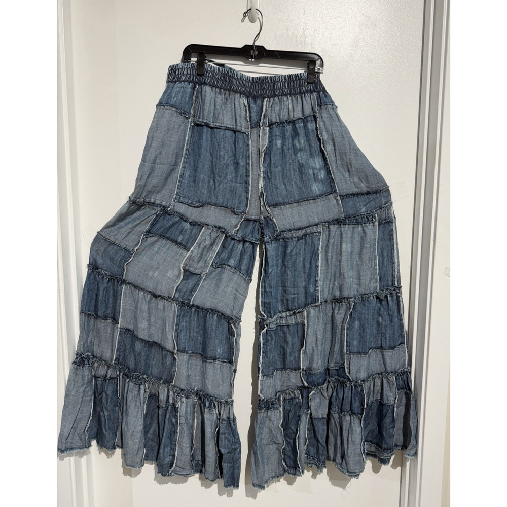 NWT Jaded Gypsy Distressed Patchwork Denim Tencel tiered Palazzo Pants Size L/X - Picture 9 of 16